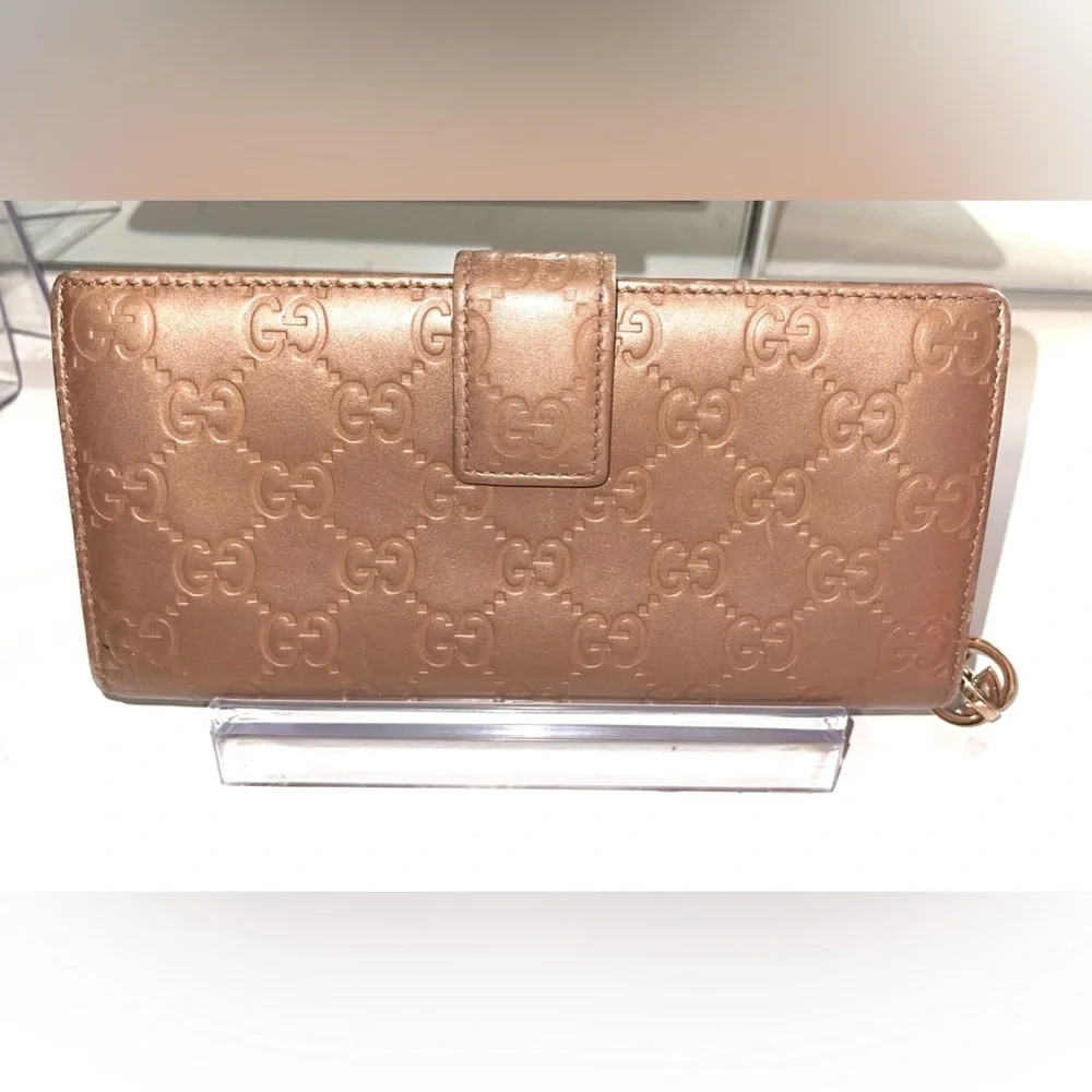 Gucci Guccissima GG Rose Gold Long Bifold Continental Wallet Zip Snap Shima